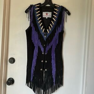 Vintage Maverick USA black purple leather fringe bone vest size 6 women’s
